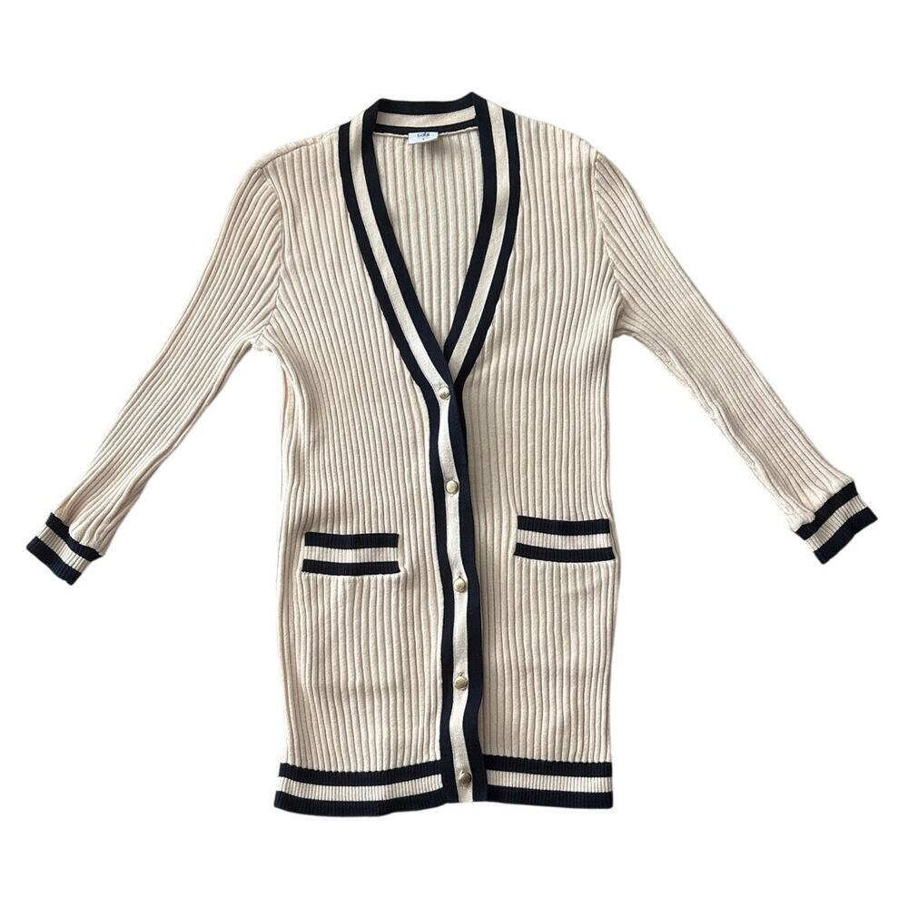 Vintage CAbi Cream Ribbed Preppy Long Cardigan Size S - Picture 2 of 7